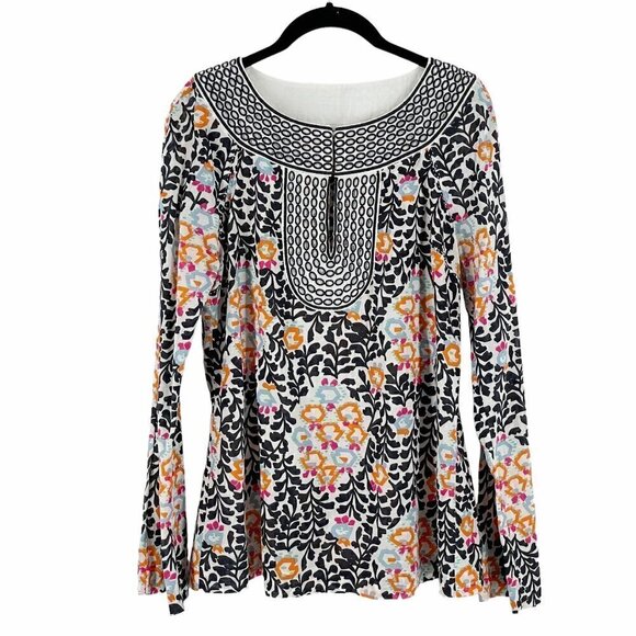 Tory Burch Floral Print Long Sleeve Keyhole Neck Embroidered Cotton Blouse SZ 6 - Picture 1 of 11